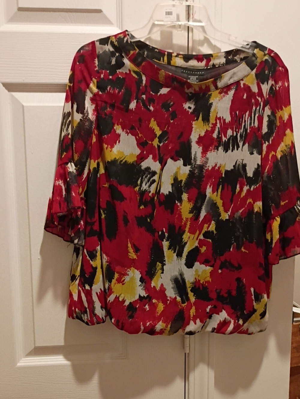 Abstract Print Blouson Top in Red, Black & Yellow
